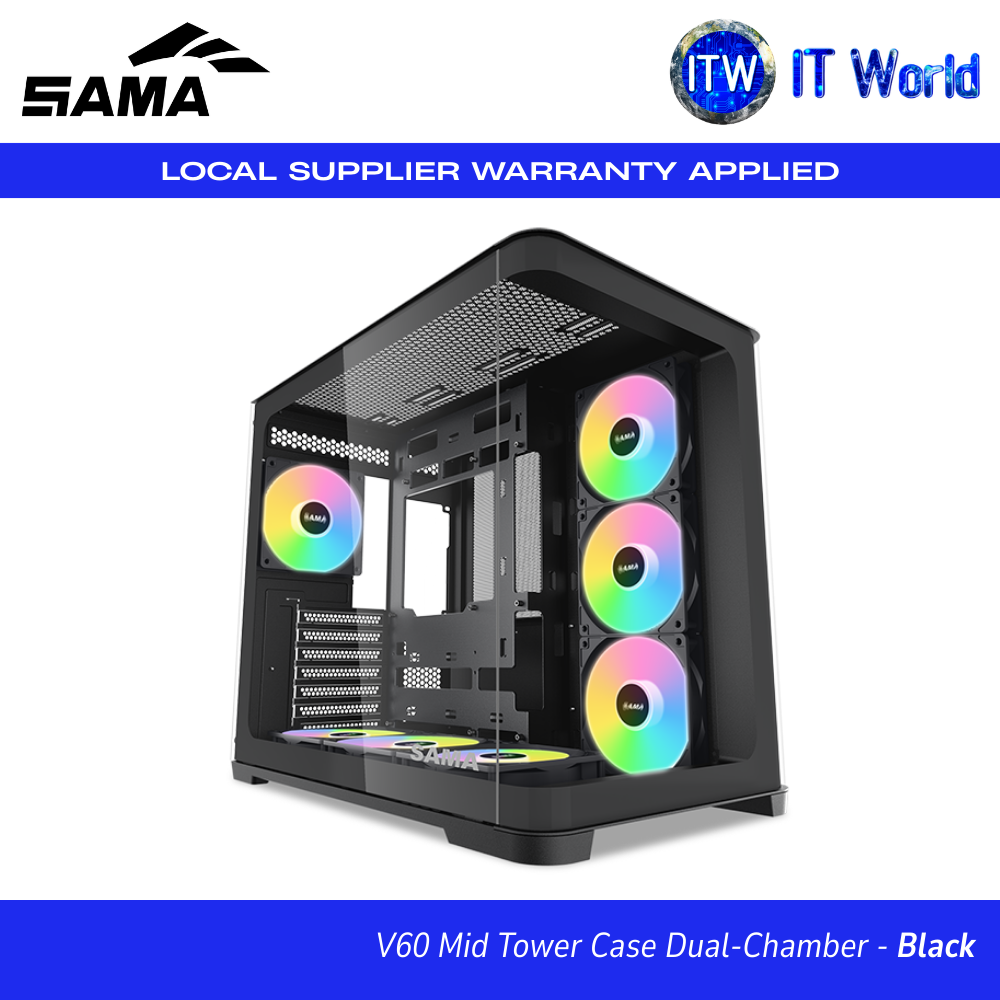 SAMA V60 Mid-Tower PC Case - Dual Chamber / Tempered Glass Panel / ARGB Fans itw