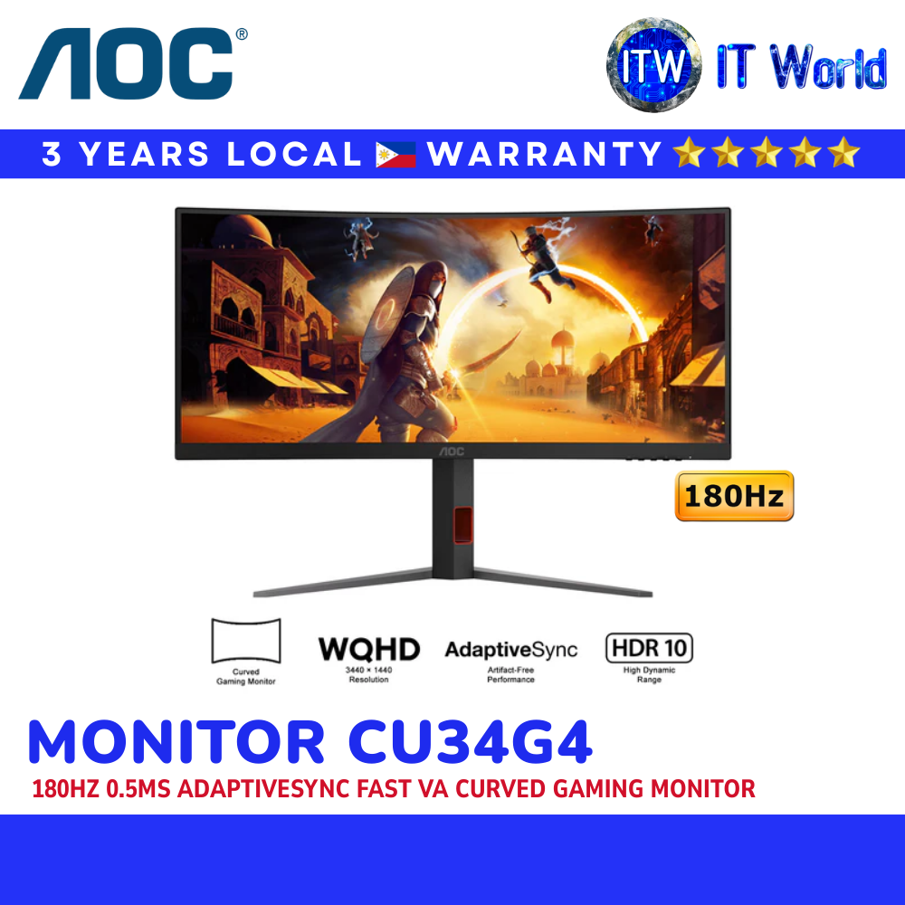 AOC AGON CU34G4 Gaming Monitor | 34" UWQHD / 180Hz / 1ms / HDR10 Curved | itw