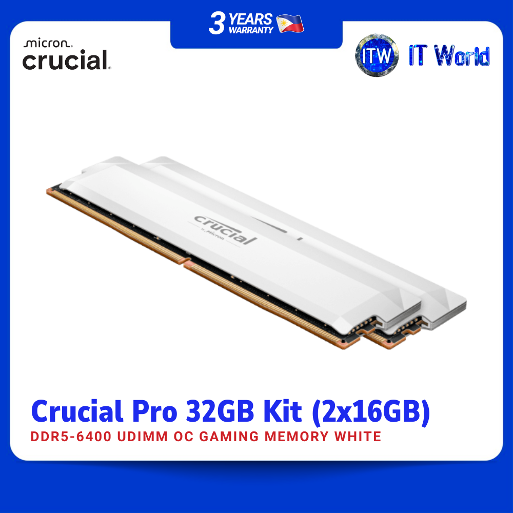Crucial Pro DDR5 32GB (2x16GB) 6400MHz UDIMM OC Desktop Gaming Memory White CP2K16G64C38U5W itw