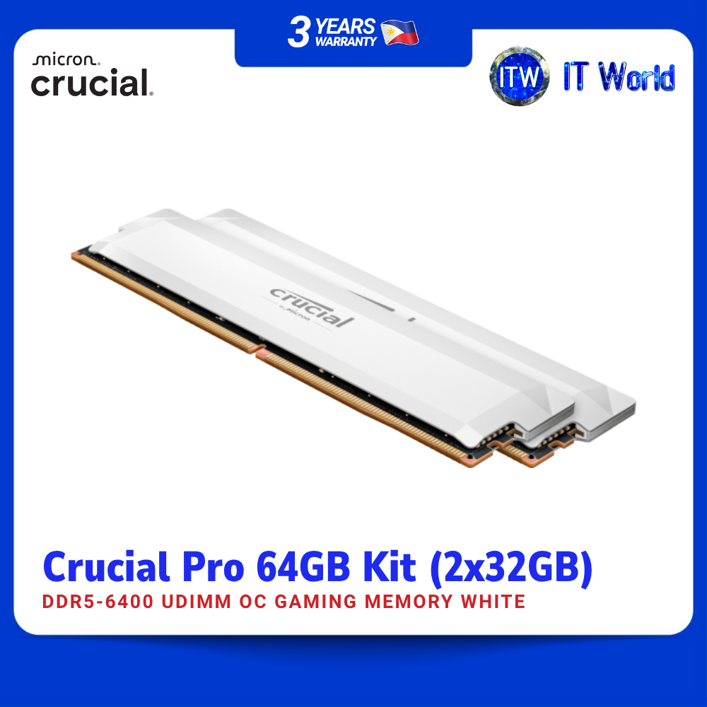 Crucial Pro DDR5 64GB (2x32GB) 6400MHz UDIMM OC Desktop Gaming Memory White CP2K32G64C40U5W itw