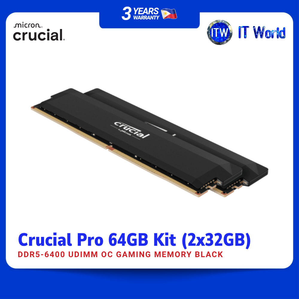 Crucial Pro DDR5 64GB (2x32GB) 6400MHz UDIMM OC Gaming Memory Black CP2K32G64C40U5B itw