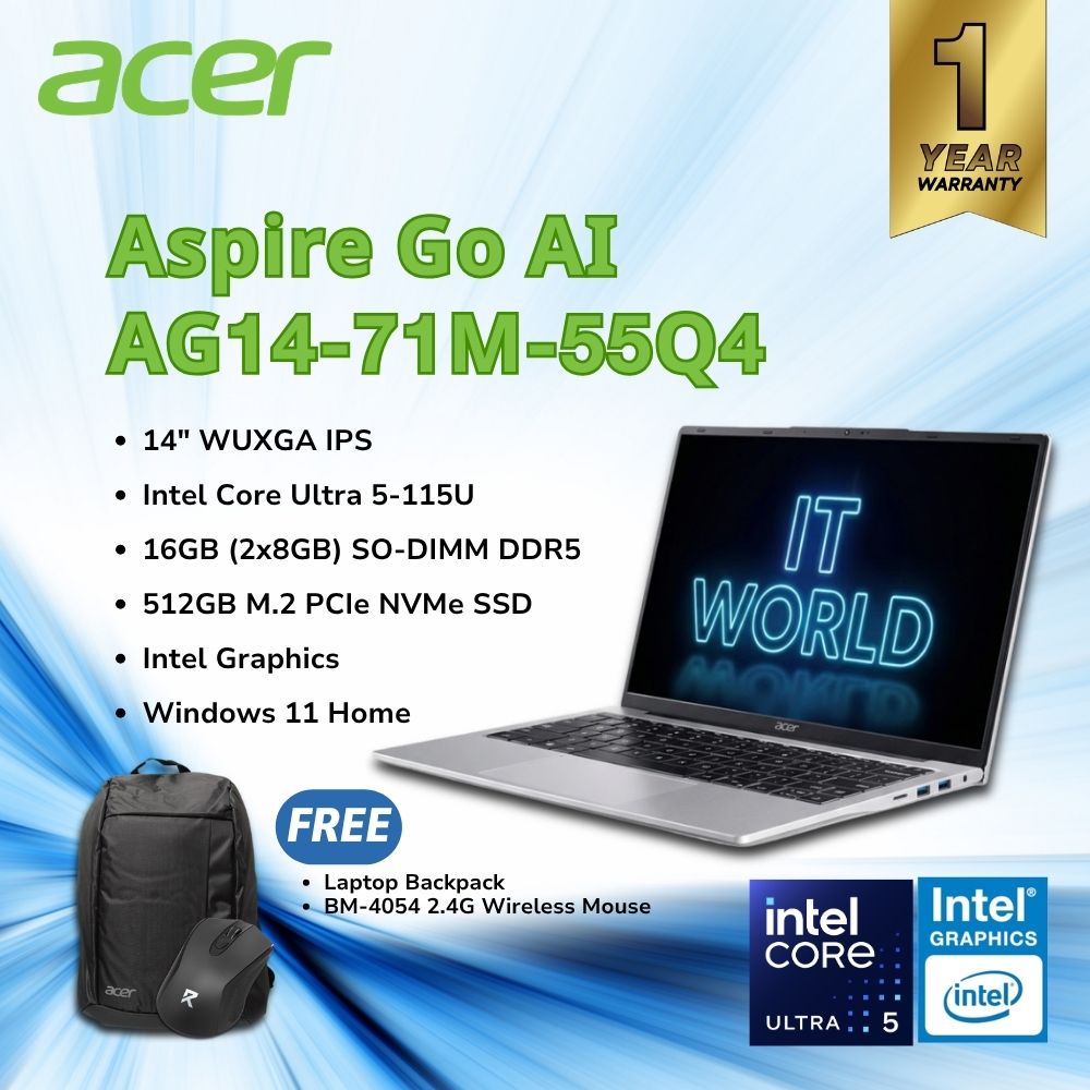 Acer Aspire Go 14 AI AG14-71M-55Q4 - 14” WUXGA / Ultra 5 / 16GB DDR5 / 512GB / Steel Gray Laptop
