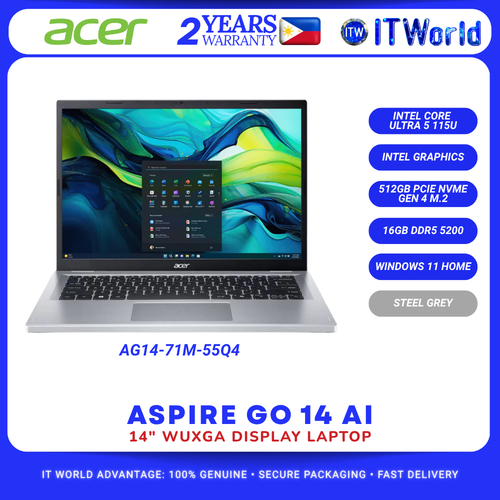 Acer Aspire Go 14 AI AG14-71M-55Q4 14” WUXGA Ultra 5 115U 16GB RAM 512GB SSD Win11 Laptop