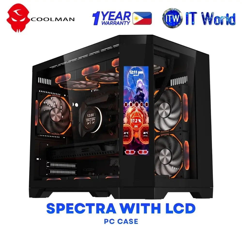 Coolman Spectra 3-sided HD Glass Panels PC Case with Customizable LCD Screen Display - Black | White