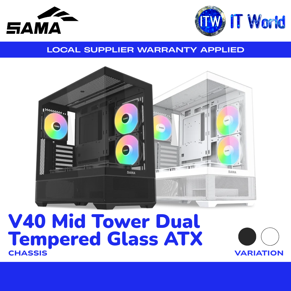 SAMA V40 Mid-Tower PC Case - 270° Tempered Panel Dual Glass / 6×ARGB Fans itw