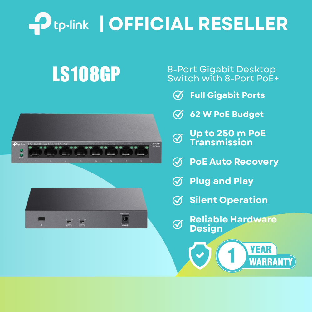 TP-Link LS108GP 8-Port Gigabit PoE+ Desktop Switch 62W Budget / 250m Extend Mode itw