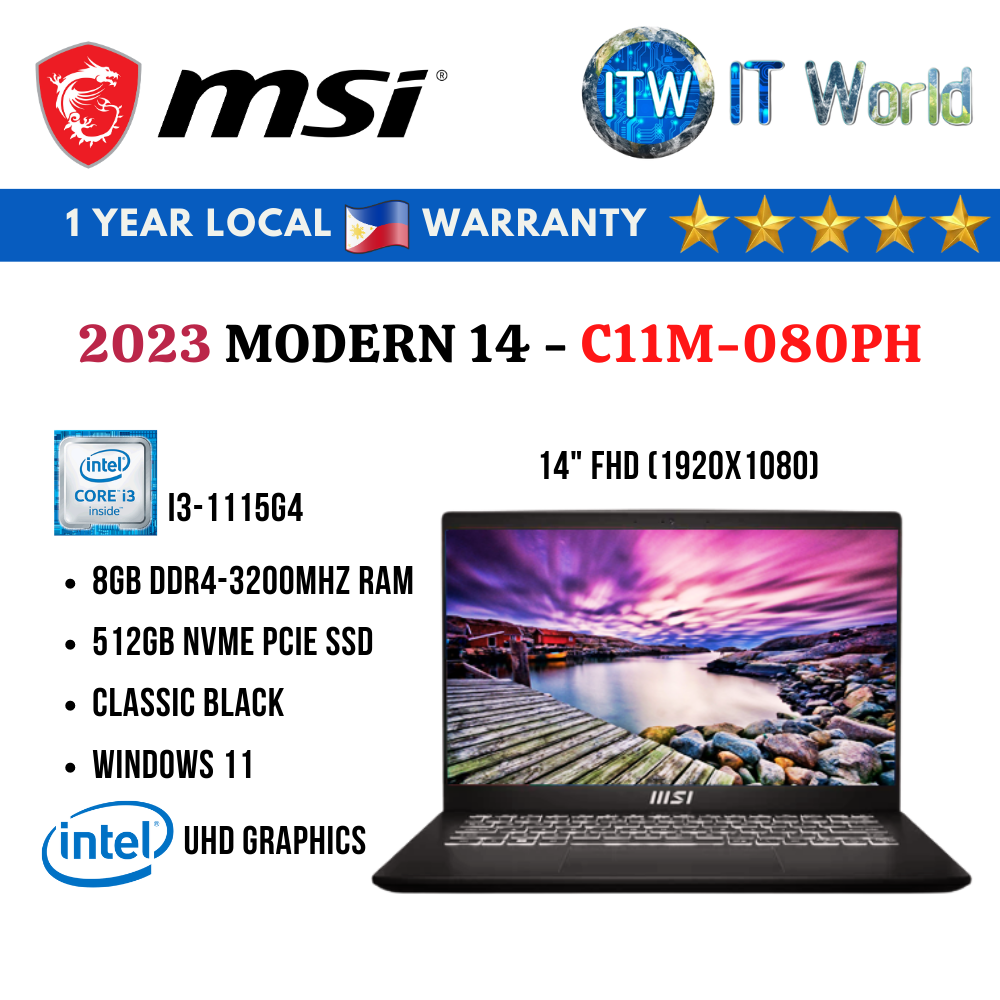 MSI Modern C11M 14&quot; FHD (1920x1080), i3-1115G4, 8GB DDR4 RAM, 512GB SSD Laptop ITWorld (C11M-080PH)