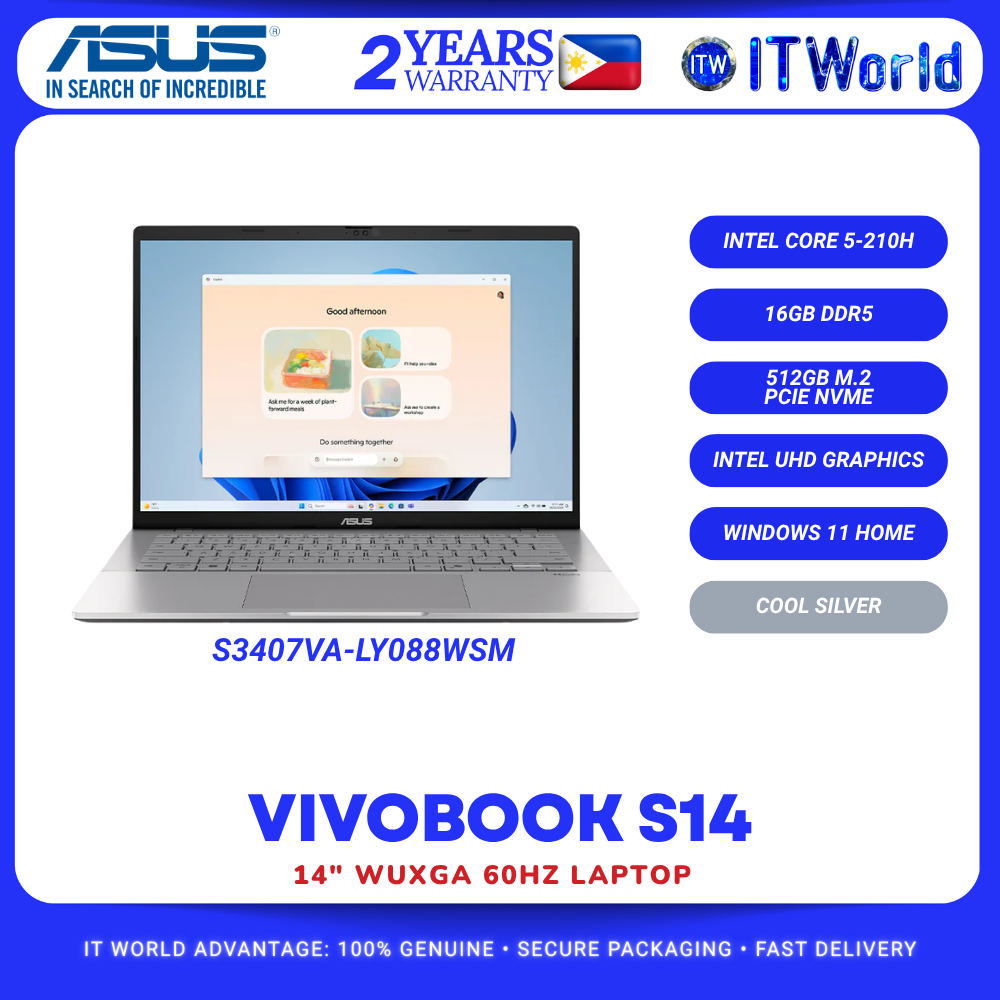 ASUS Vivobook S14 S3407VA-LY088WSM 14" WUXGA Core 5-210H 16GB RAM 512GB SSD Laptop itw