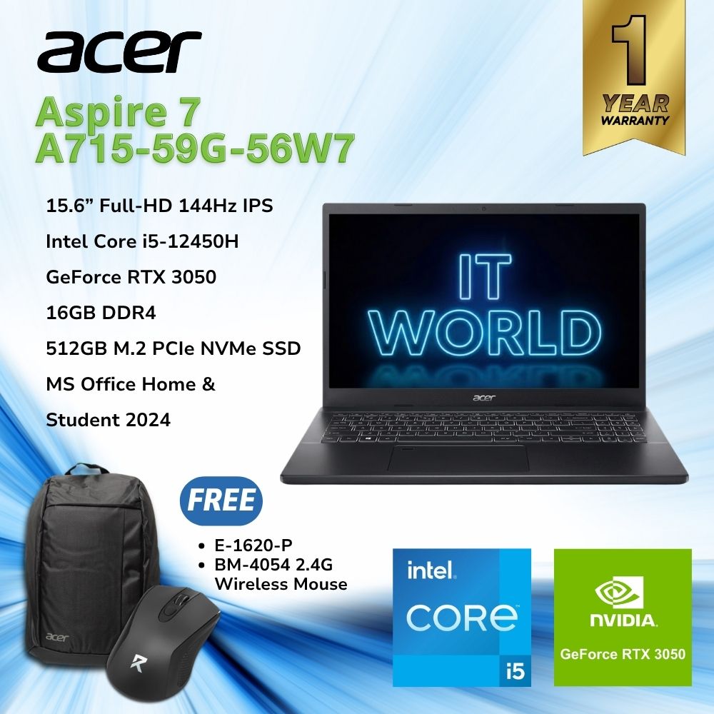 Acer Aspire 7 A715-59G-56W7 15.6" Laptop - i5-12450H / RTX3050 / 16GB / 512GB / 144Hz NH.QX6SP.001