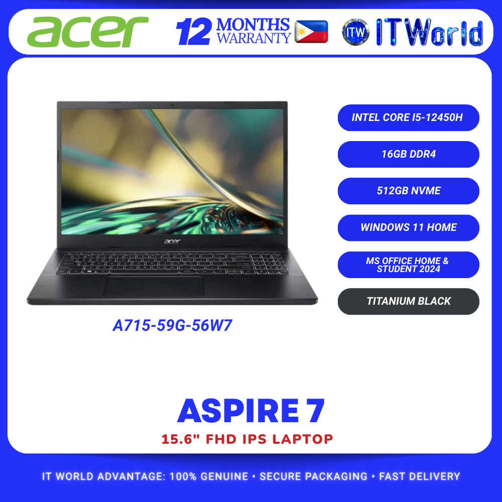 Acer Aspire 7 A715-59G-56W7 15.6" 144Hz Laptop - i5-12450H, RTX 3050, 16GB RAM, 512GB SSD