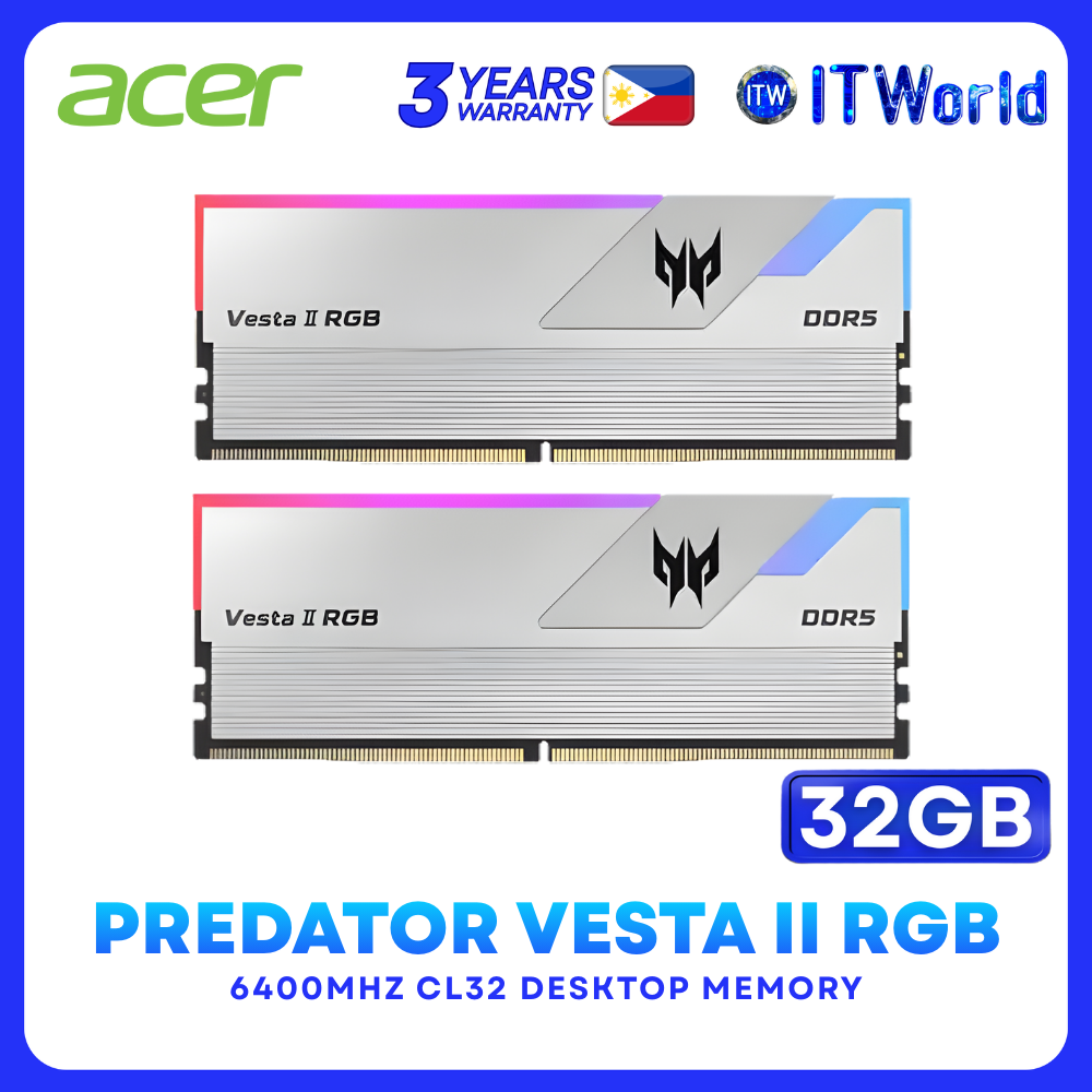 Acer Predator Vesta II Silver DDR5 RAM 32GB 2x16GB 6400MHz RGB Desktop Memory BL.9BWWR.331