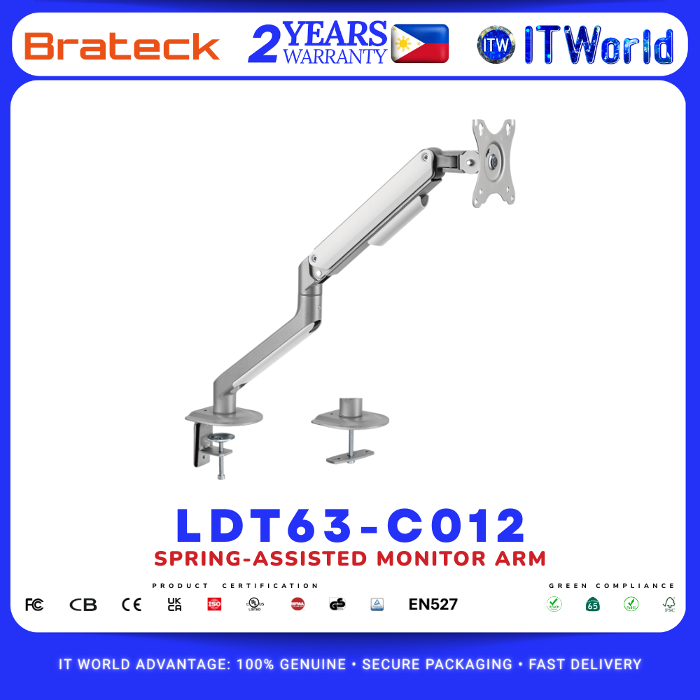 LDT63-C012 Single Monitor Spring-Assisted Arm 17"-32" VESA 9kg Desk Clamp/Grommet Matte Silver