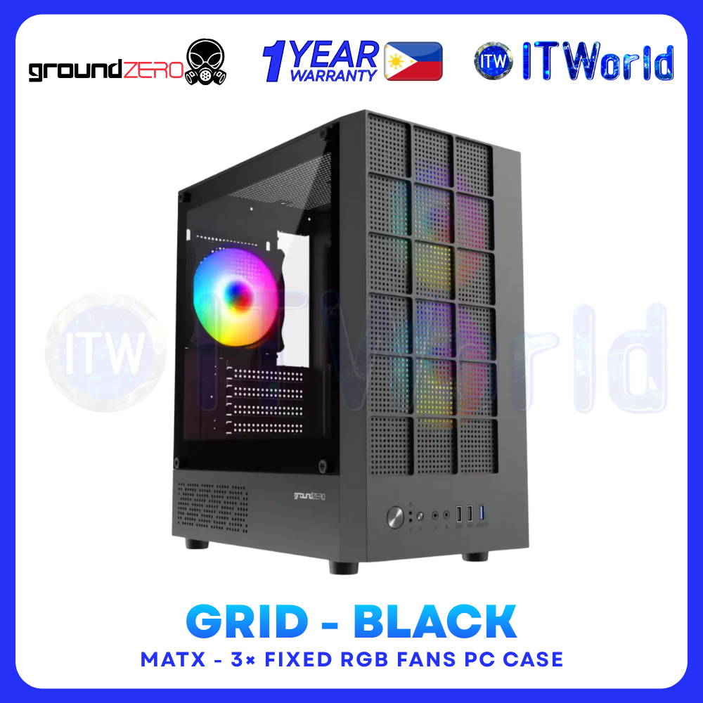 Ground Zero GRID Tower Case – RGB mATX with 3× Fixed RGB Fans PC Case for Desktop itw