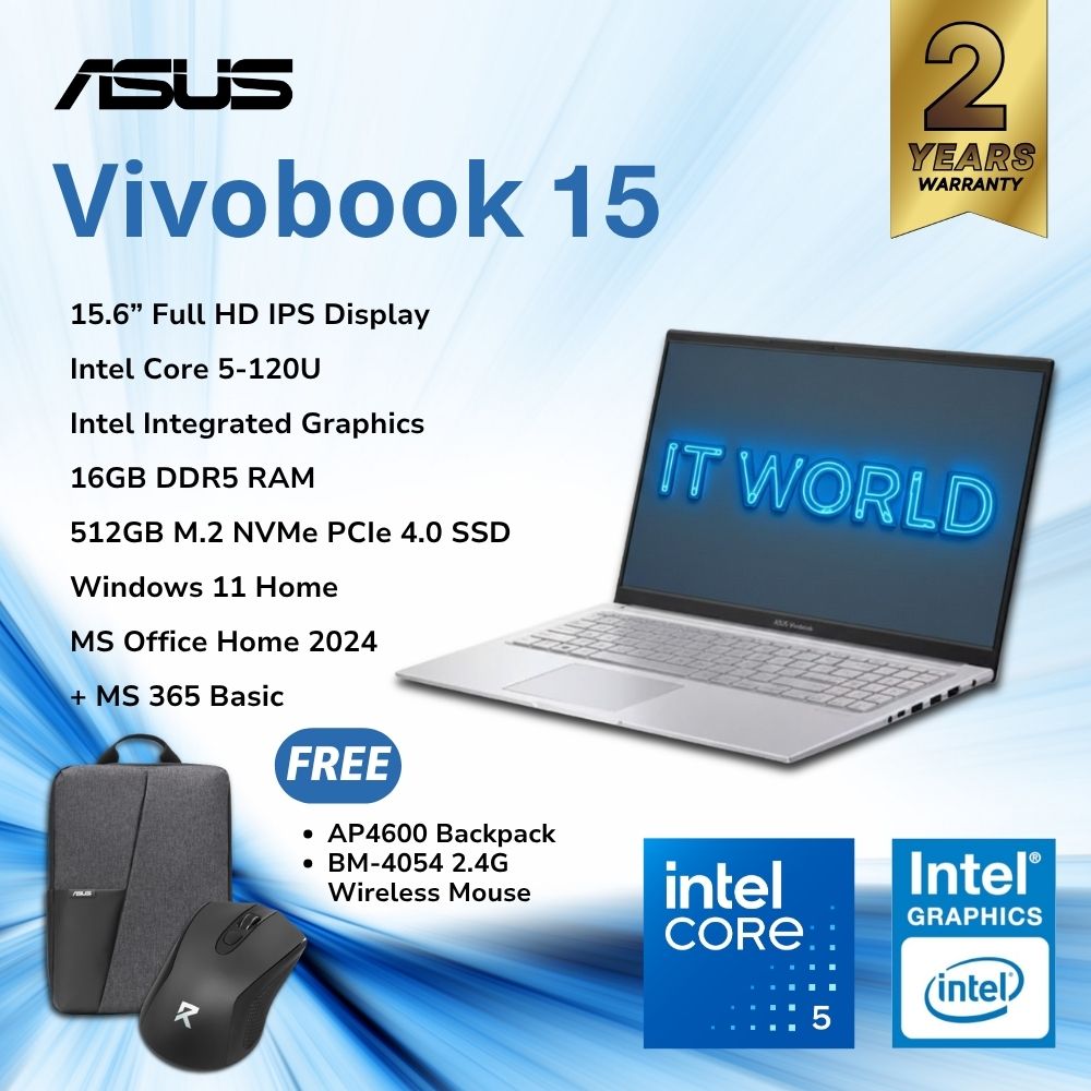 ASUS Vivobook 15 15.6" Laptop - i5-120U / 16GB DDR5 / 512GB NVMe / FHD Win11 / X1504VA-BQ4583WSM