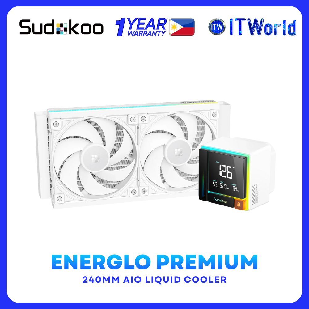 Sudokoo ENERGLO 240 WH 240mm AIO Liquid Cooler RGB Pump LED Digital Display R-ENR240-WHDSMC-GAS-1