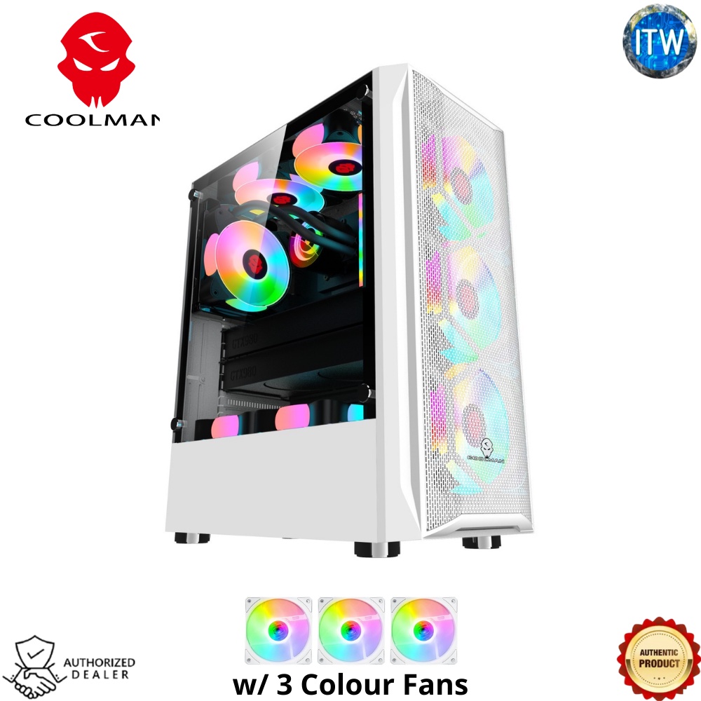 Coolman Aurora PC Cases with 3 RGB Fans - in Black and White