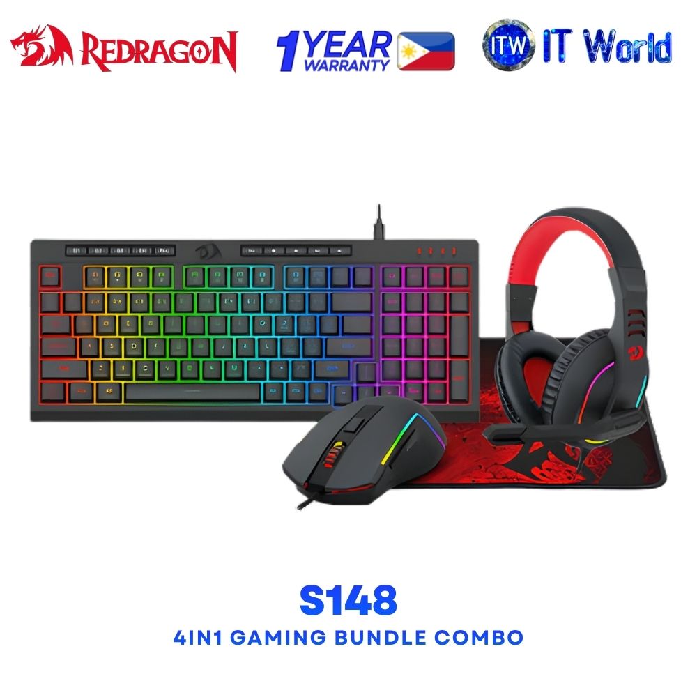 Redragon S148 4in1 Wired Keyboard + Mouse + Mousepad + Headset Gaming Bundle Combo - Black