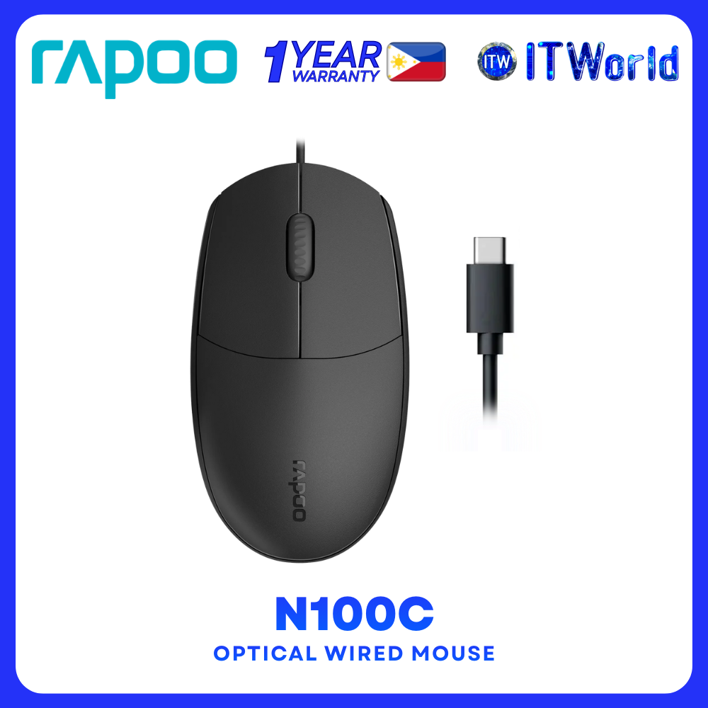 Rapoo N100C Optical Wired Mouse - 1000DPI /USB-C / Ambidextrous 3-Button / Black