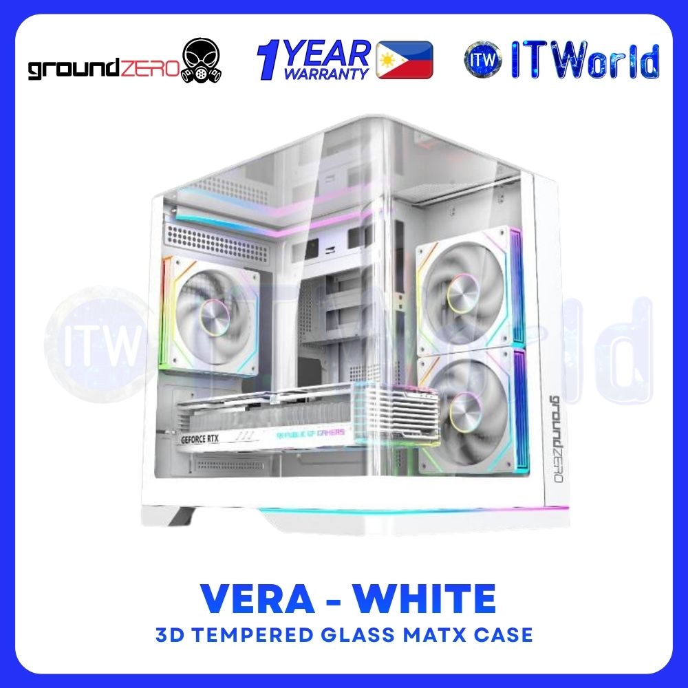 GroundZERO VERA mATX Case - 3D Tempered Glass / Dual ARGB Strip / 330mm GPU Support - White