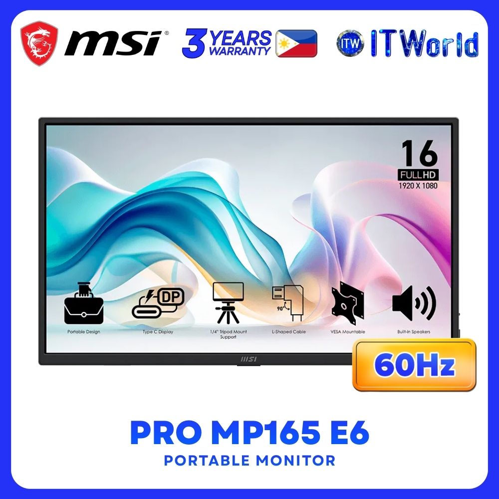 MSI PRO MP165 E6 15.6" Portable Monitor - 1920×1080 FHD / IPS 60Hz / USB-C / HDMI