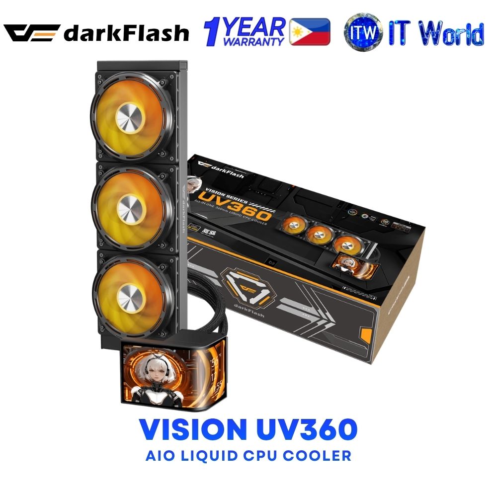 darkFlash Vision UV360 ARGB AIO 360mm Liquid CPU Cooler with 6.67" Curved Screen Display - Black