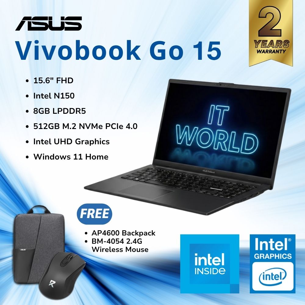 ASUS Vivobook Go 15 Laptop - 15.6" FHD / Intel N150 / 8GB LPDDR5 / 512GB SSD / E1504TA-BQ199W
