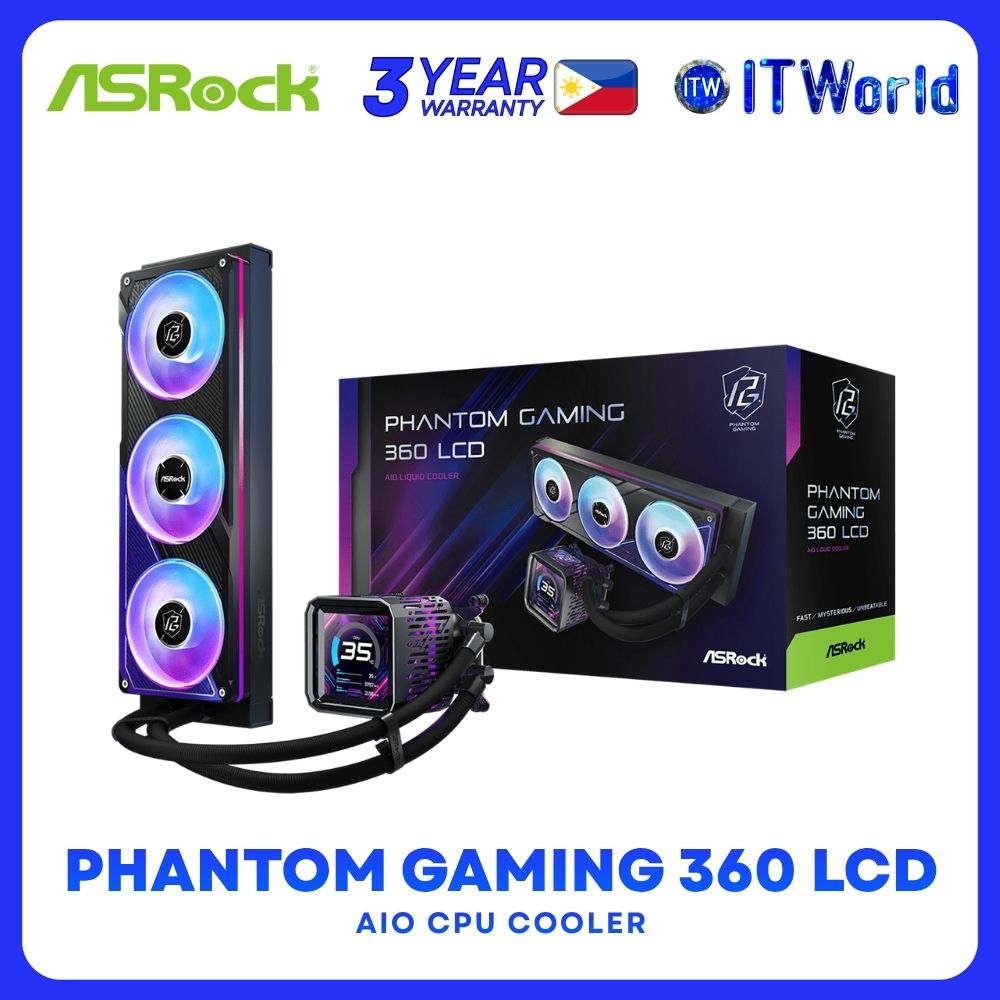 ASRock Phantom Gaming 360 LCD ARGB AIO Liquid Cooler with 3.4" IPS LCD Display - Black itw