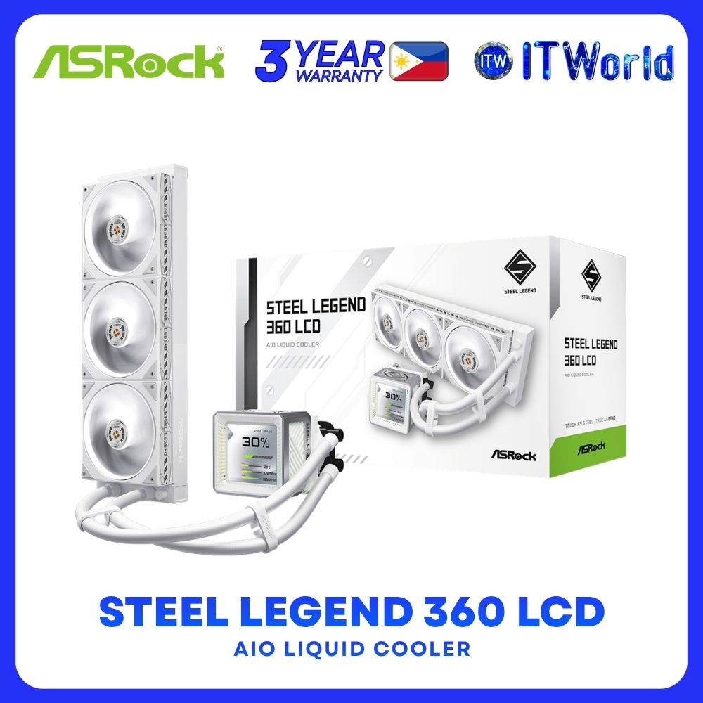 ASRock Steel Legend 360 LCD Dual-ball Bearing AIO Liquid Cooler with 3.4" IPS LCD Display - White