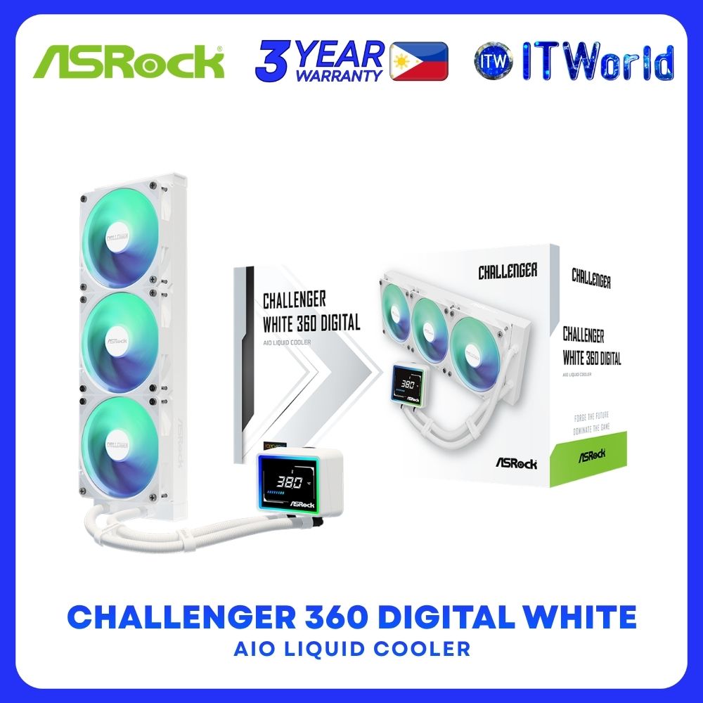 ASRock Challenger 360 Digital ARGB AIO Liquid Cooler with 3" Digital Display - White