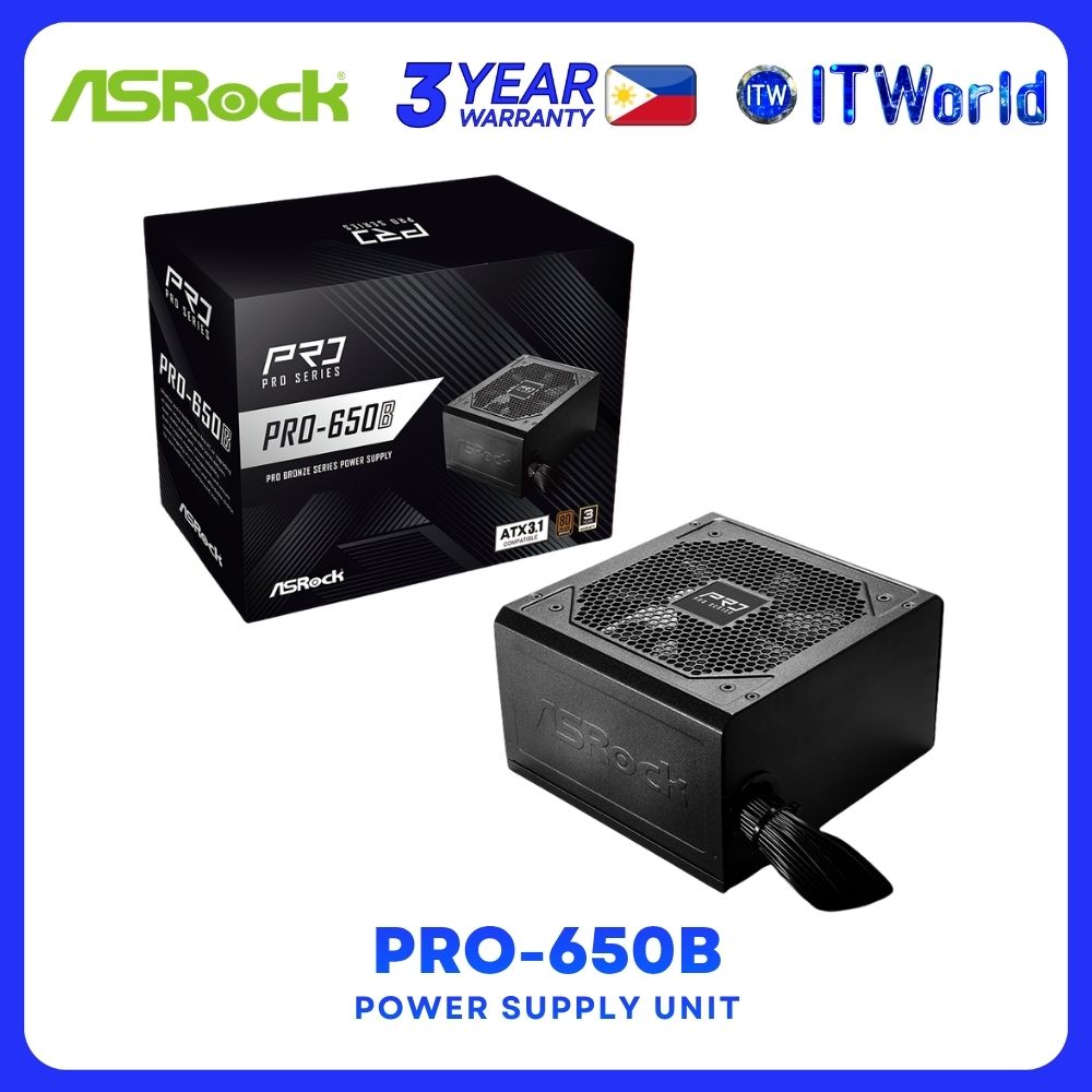 ASRock PRO-650B 650W 80Plus Bronze ATX 3.1 Low Noise 120mm Fan Power Supply Unit