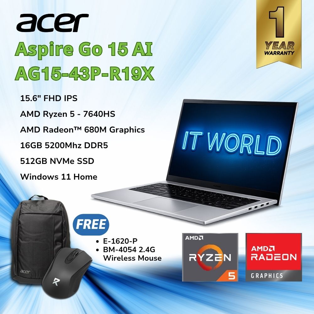 Acer Aspire Go 15 AI Laptop - 15.6" FHD / AMD Ryzen 5 7640HS / 16GB RAM / 512GB SSD / AG15-43P-R19X