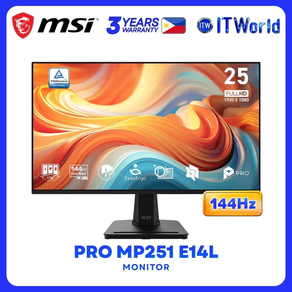 MSI PRO MP251 E14L - 24.5" 1920x1080 FHD / 144Hz / IPS / 1ms MPRT, 1ms GTG / Anti-Glare Monitor itw