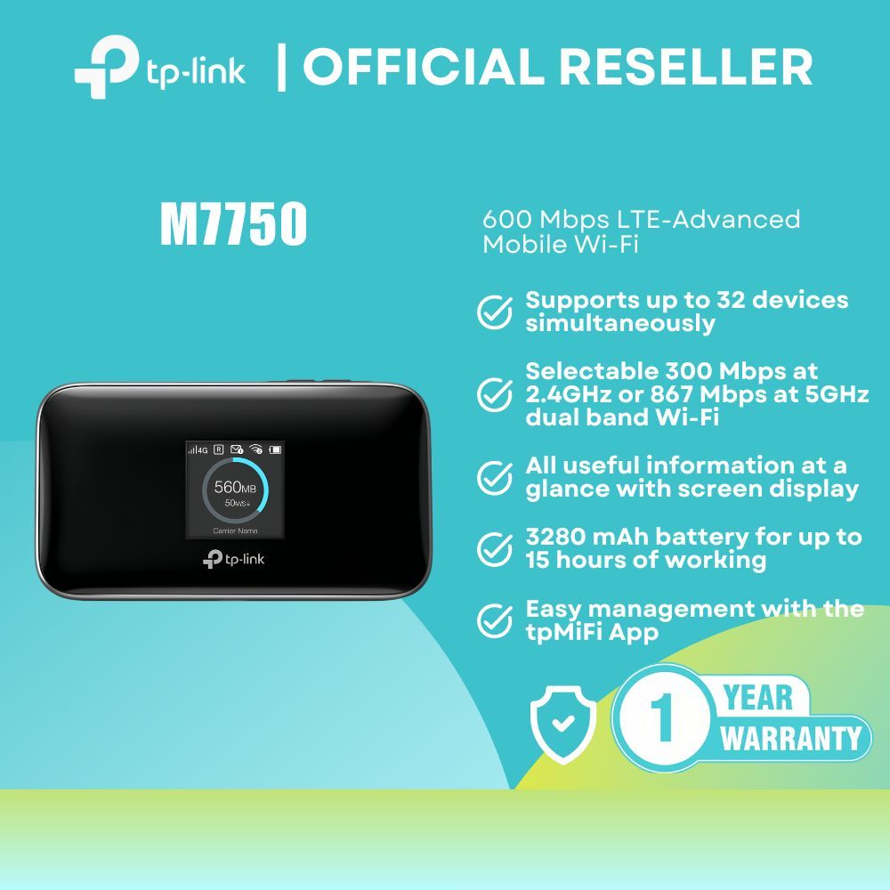 TP-Link M7750 600Mbps LTE-Advanced Mobile Wi-Fi Hotspot USB-C Nano SIM itw