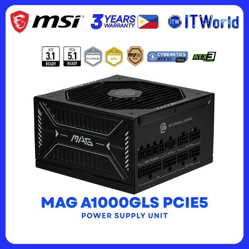 MSI MAG A1000GLS PCIE5 1000W 80+ Gold Fluid Dynamic Bearing Full Modular Power Supply Unit PSU itw