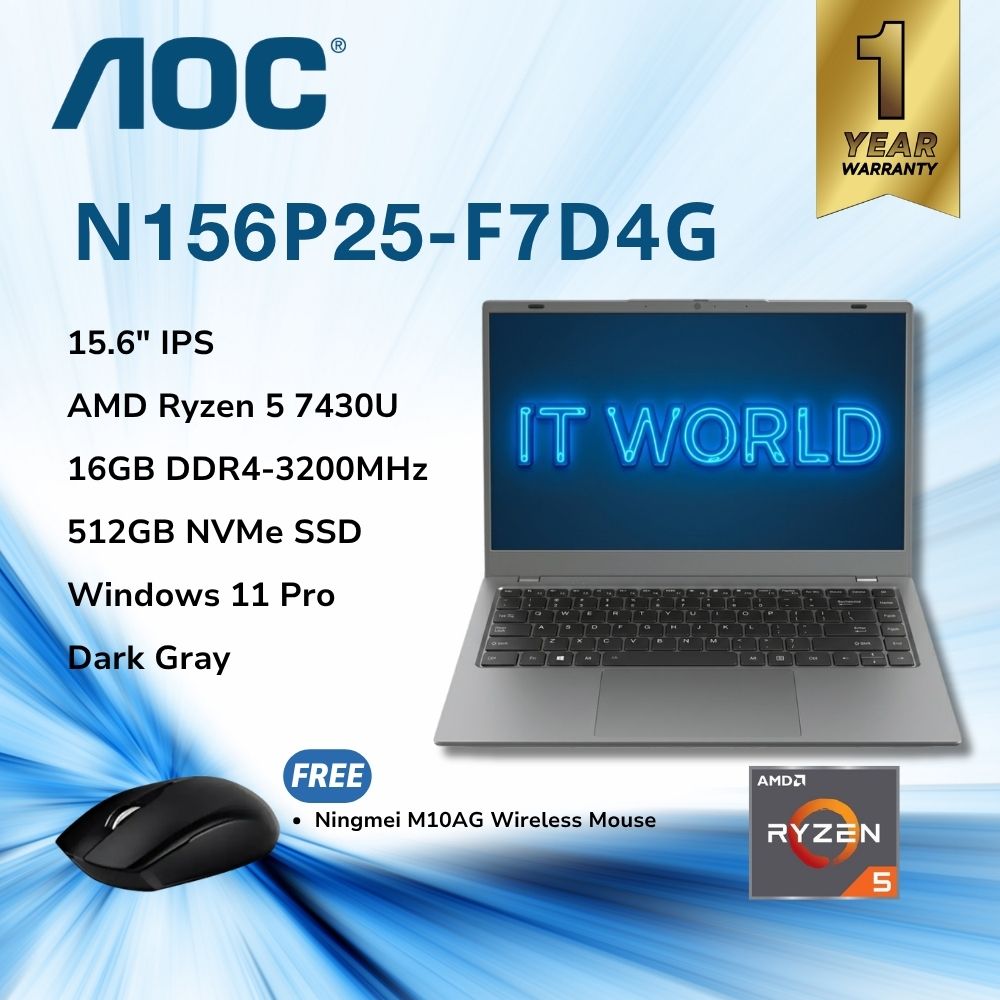 AOC N156P25-F7D4G - 15.6" IPS/ AMD Ryzen5 7430U / 16GB DDR4-3200 RAM / 512GB SSD / Dark Gray Laptop