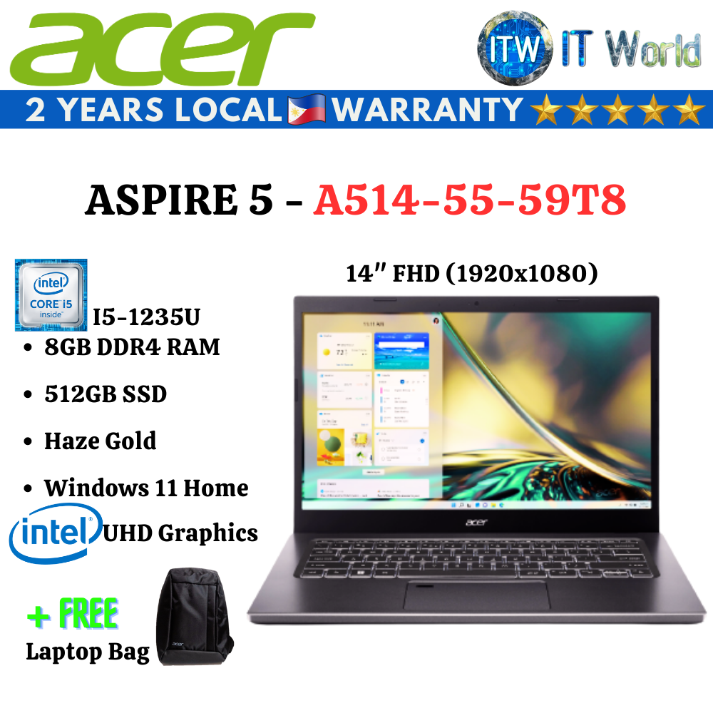 Acer Aspire 5 14&quot; i5-1235U, 8GB DDR4 RAM, 512GB NVMe SSD, Intel UHD Graphics Notebook Laptop ITWorld