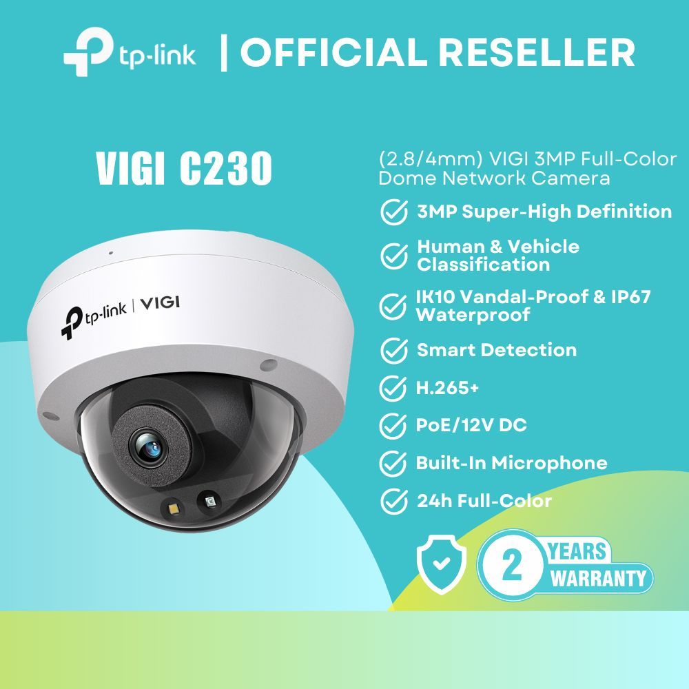 TP-Link VIGI C230 3MP Full-Color Dome Network Camera 2.8/4mm Smart IR PoE IP67 IK10 itw (4mm)