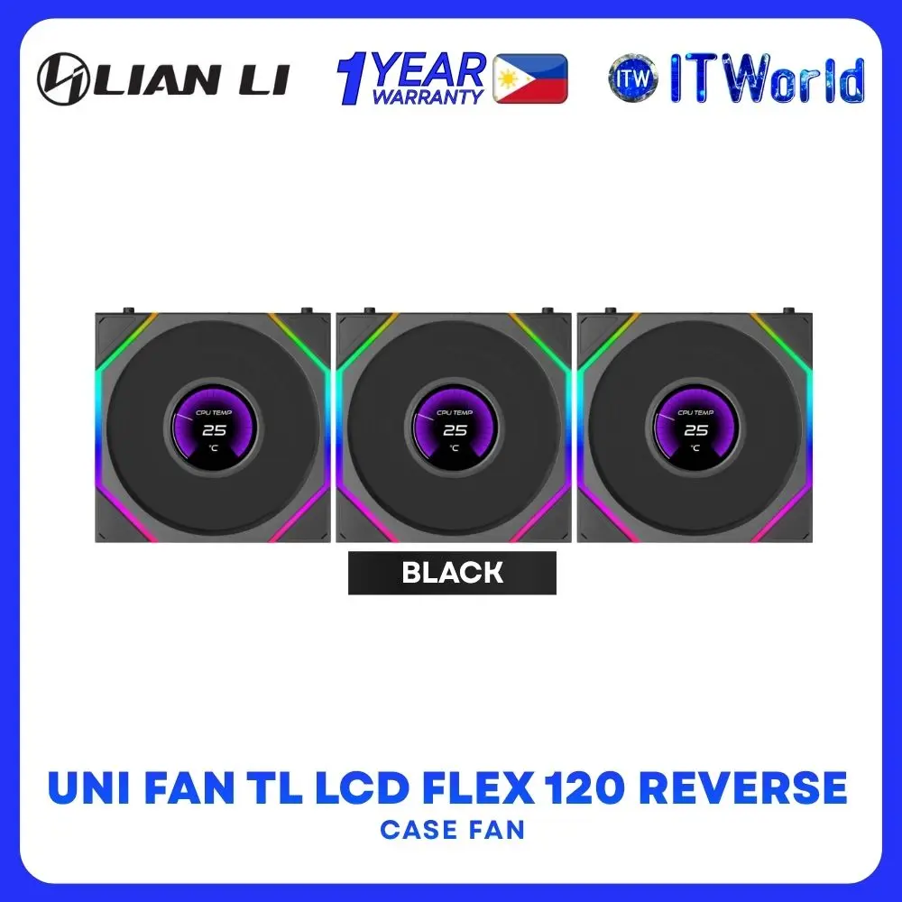 Lian Li Uni Fan TL LCD Flex 120 ARGB Reverse Blade Modular Triple Fan - Black | White