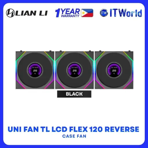 [G9F.12RTLLCD1F3B.00] Lian Li Uni Fan TL LCD Flex 120 ARGB Reverse Blade Modular Triple Fan - Black | White (Black)