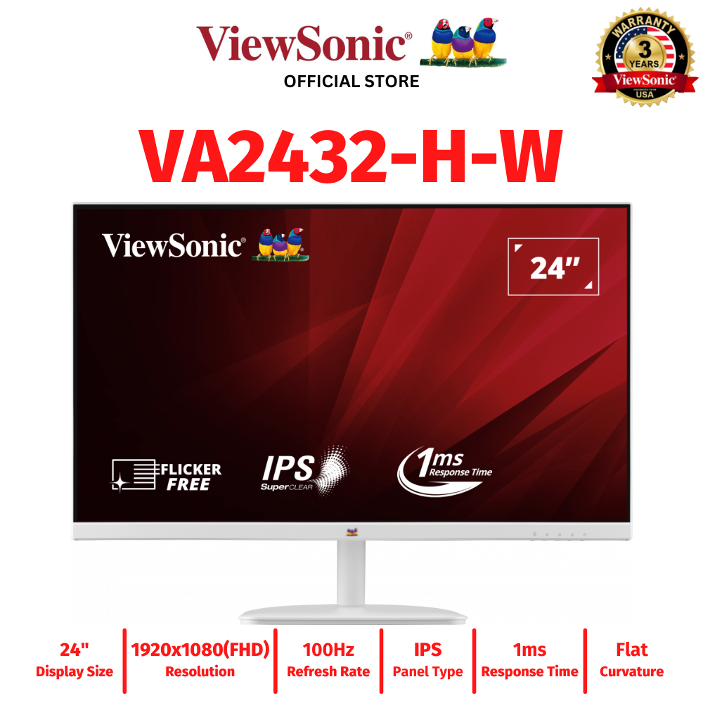 Viewsonic VA2432-H-W 24&quot; 1920x1080 (FHD), 100Hz, IPS, 1ms Flicker-free Monitor with Frameless Design (White)