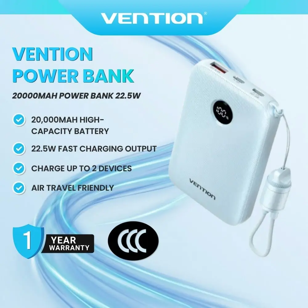 Vention FKBN0-C-TY 20000mAh Power Bank 22.5W Built-in Cable Dual Device Charging Portable