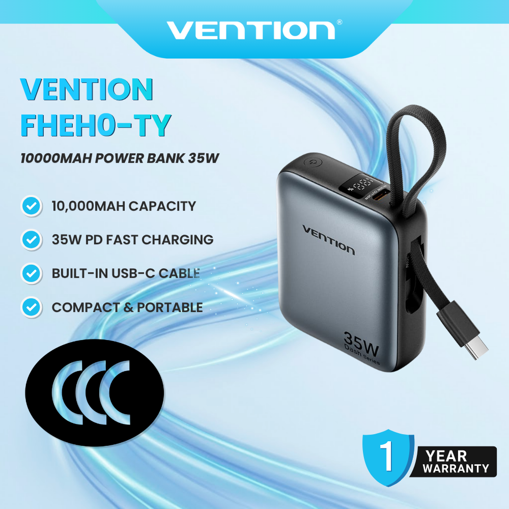 Vention FHEH0-TY 10000mAh Power Bank 35W PD Fast Charging Built-in USB-C Compact Portable itw