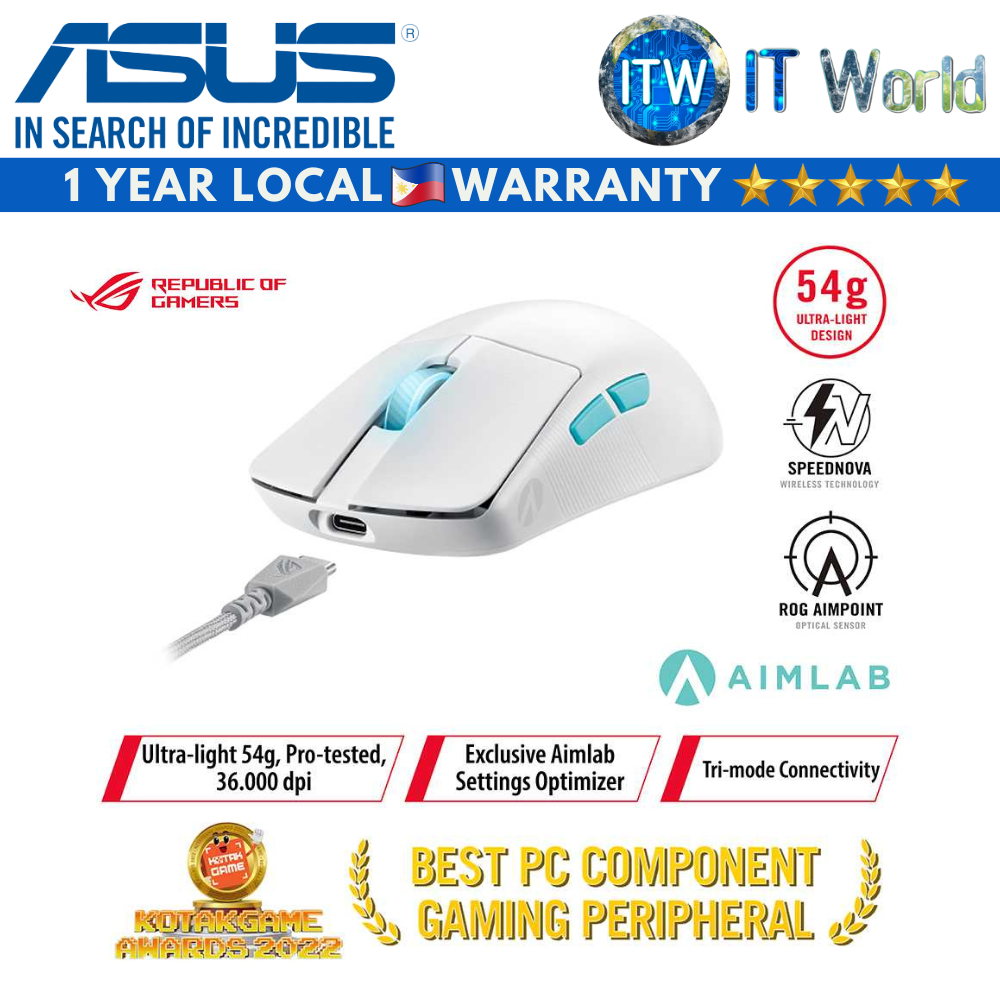 Itw | Asus ROG Harpe Ace Aim Lab Edition Wireless Gaming Mouse, 54 g Lightweight, 2.4GHz RF, Bluetooth, 36K DPI Sensor, 5 Buttons, ROG SpeedNova, ROG Omni Receiver, Esports &amp; FPS Gaming, Black