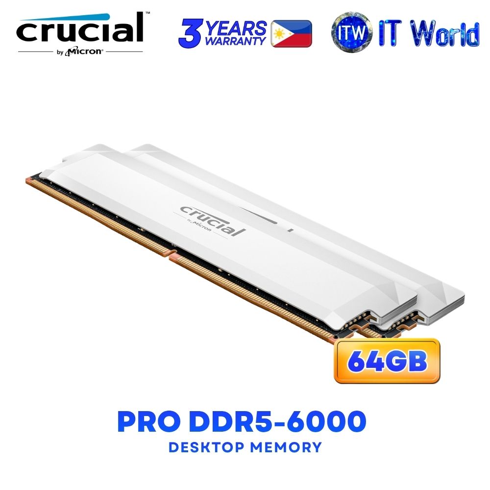 Crucial Pro DDR5 64GB (2x32GB) 6000Mhz Dual Kit UDIMM OC Gaming Memory - White CP2K32G60C40U5W