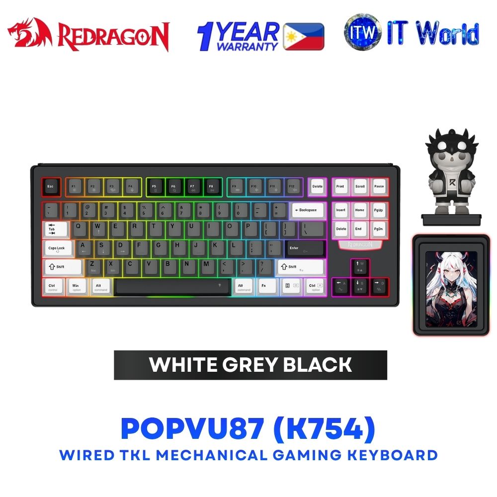 Redragon POPVU 87 (K754) Hot-swappable Switch Socket Wired TKL Mechanical Gaming Keyboard - White Grey Black K754WGB