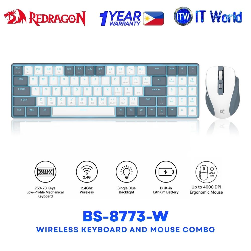 Redragon BS-8773-W 2.4G Wireless Mechanical Keyboard and Mouse Bundle - White/Grey