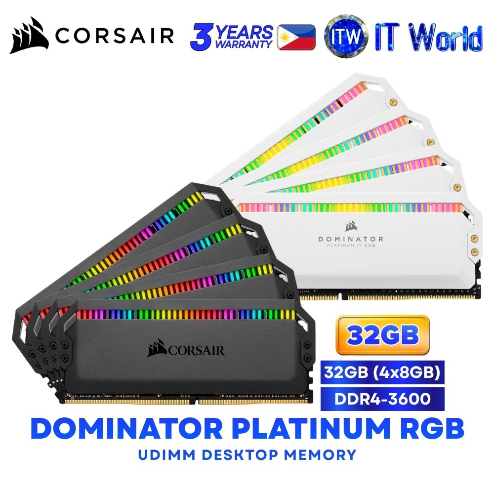 Corsair Dominator Platinum RGB 32GB (4x8GB) DDR4-3600Mhz CL18 UDIMM Desktop Memory - Black | White