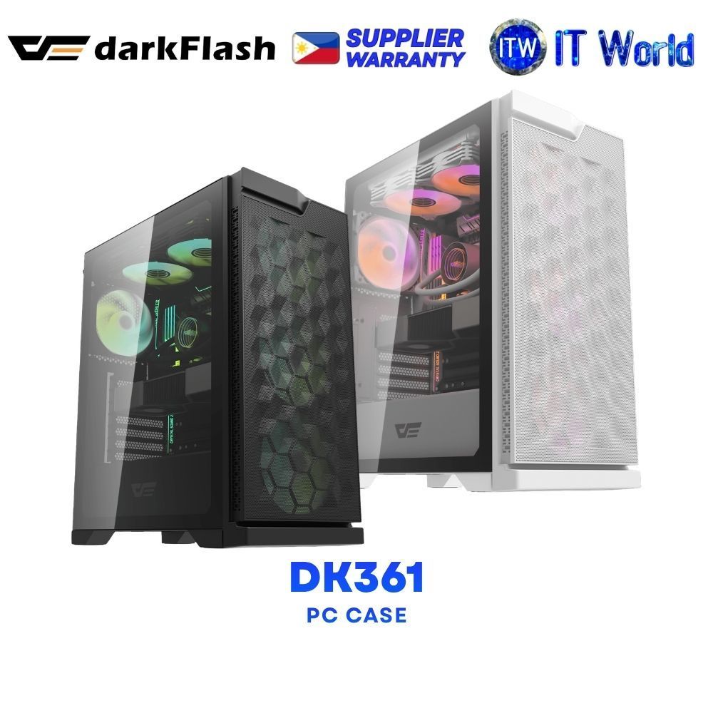 darkFlash DK361 Hexagon Mesh Front Panel Tempered Glass ATX PC Case - Black | White itw (Black)