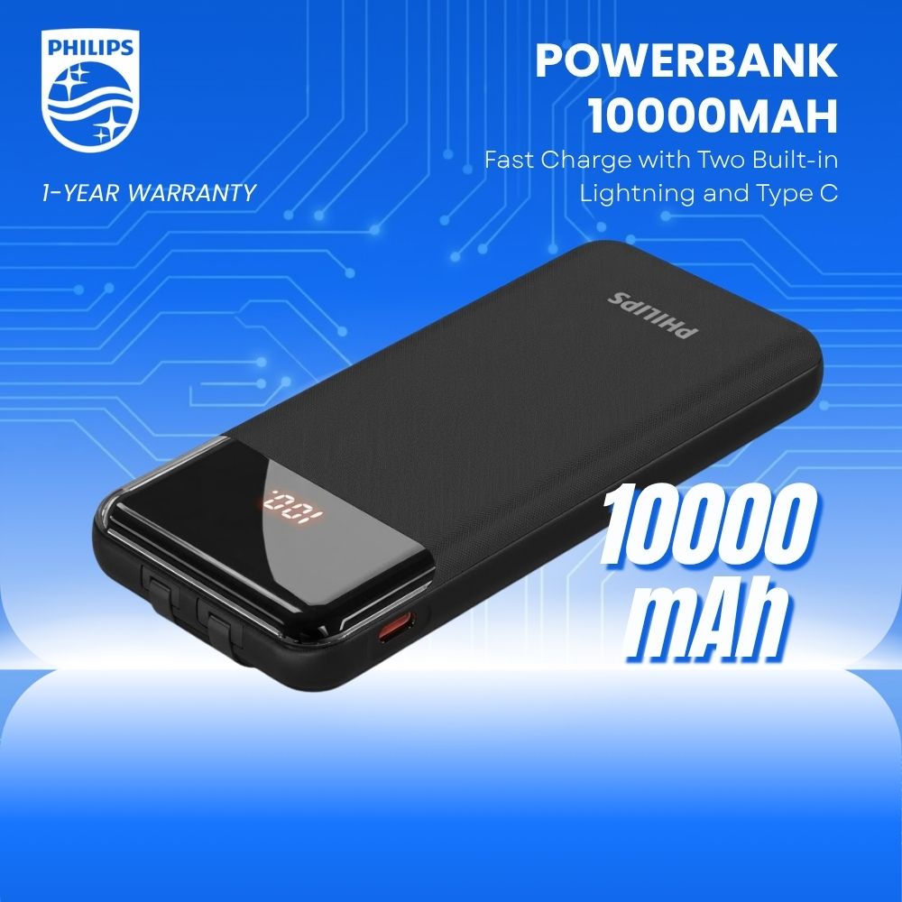 Philips 10000mAh Powerbank Fast Charge 22.5W USB-C Lightning Built-in Cables itw