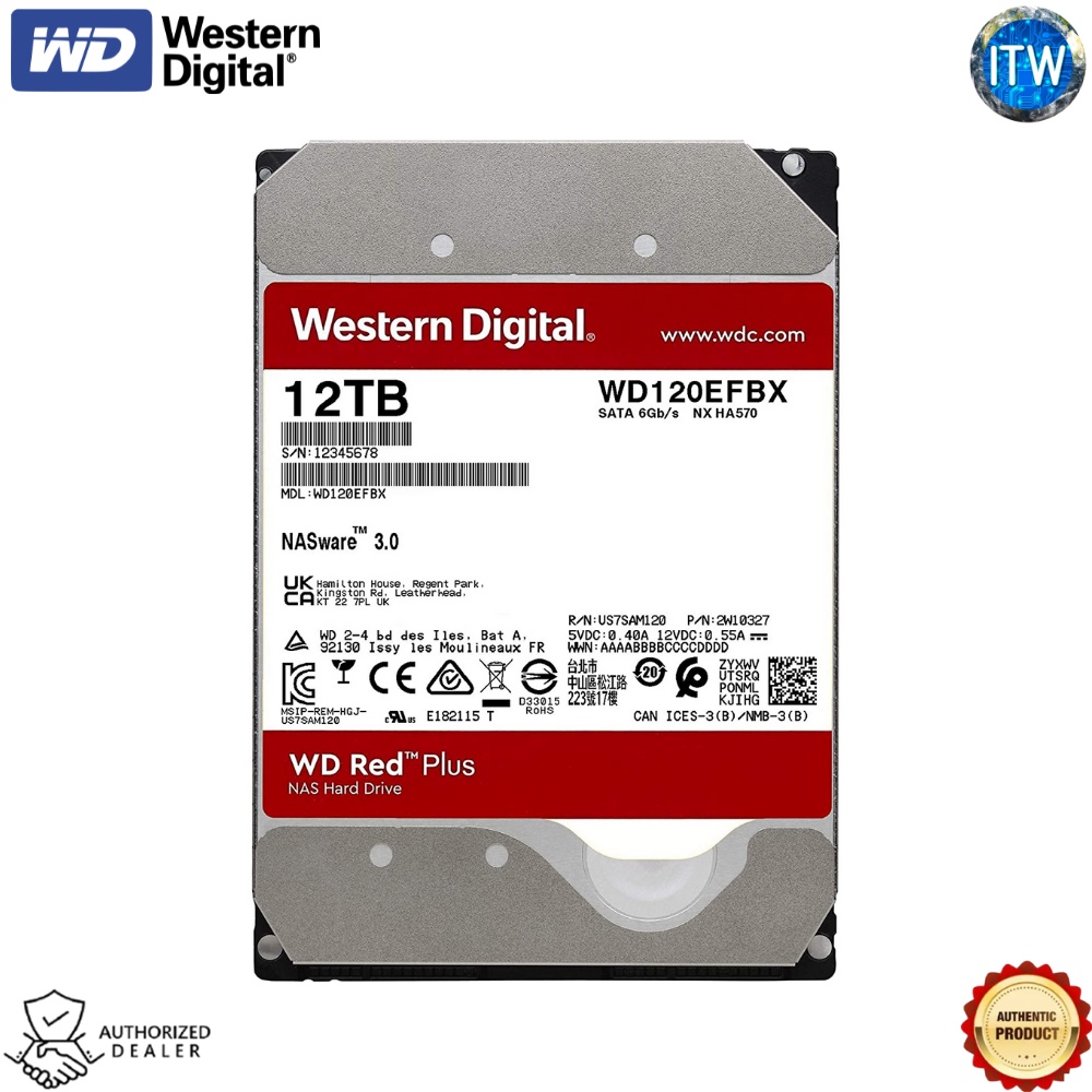 Western Digital 12TB WD Red Plus NAS Hard Drive 7200RPM, SATA 6 GB/s, 512MB Cache, 3.5&quot; - WD120EFBX